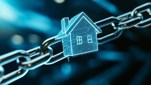 A futuristic home surrounded by a metallic chain with embedded digital code, representing property security through blockchain tokenization.