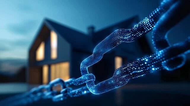 A modern house with sleek architecture, enclosed by a glowing digital chain made of blockchain links, symbolizing secure tokenized real estate ownership.