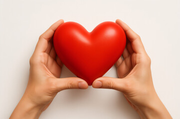 Obraz premium Two hands cradling a red heart symbolizing love, compassion, and support. Suitable for Valentines Day, healthcare, charity, and relationship concepts.