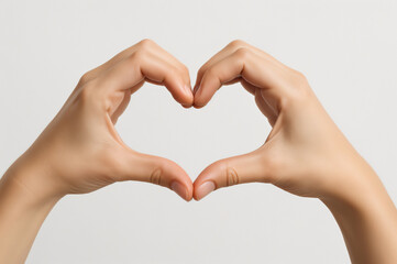 Obraz premium Two hands forming a heart shape, symbolizing love, unity, connection. Suitable for Valentines Day, relationship themes, health campaigns, charity.