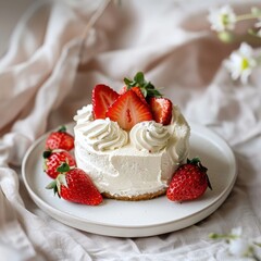 Delicate miniature dessert topped with fresh strawberries.