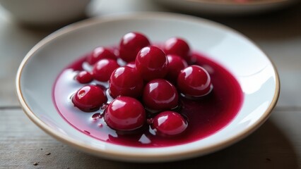 A delicate porcelain plate showcases a vibrant medley of fresh red berries swimming in a rich berry sauce, complemented by a lush green mint leaf garnish
