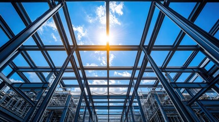 Steel framework of a building under construction, reaching towards a vibrant blue sky