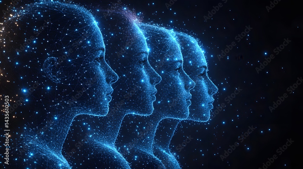 Aufkleber futuristic display featuring interconnected women's profiles, glowing in blue. represents ai, digita