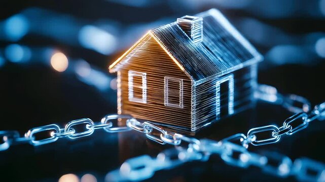 A wooden house enclosed by an abstract, glowing blockchain chain, emphasizing decentralized ownership and tokenized real estate security.
