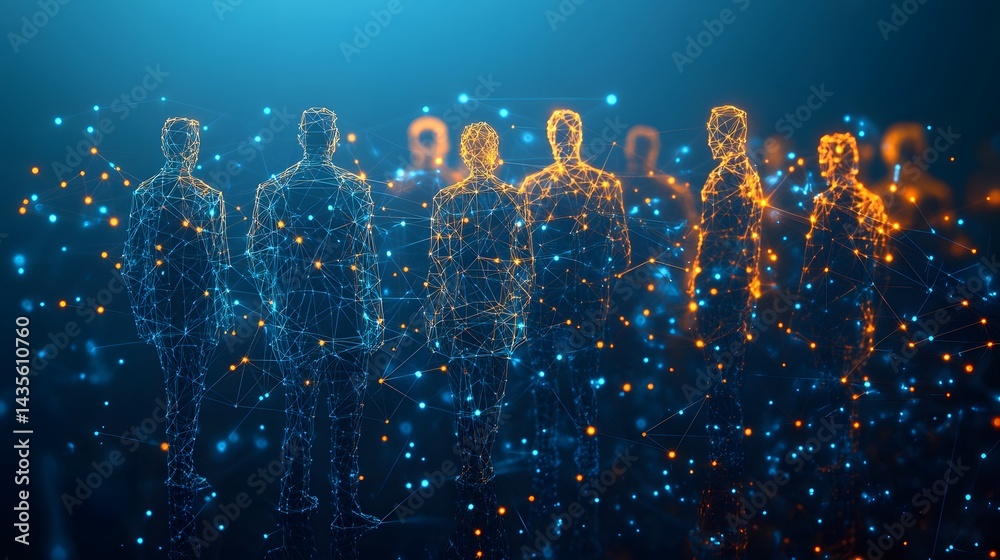 Leinwandbilder futuristic figures stand in a digital landscape. interconnected lines and glowing dots create a mode