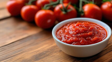 This image presents a bowl of thick tomato sauce surrounded by fresh tomatoes, emphasizing the natural ingredients and rich flavors ideal for cooking and culinary use.