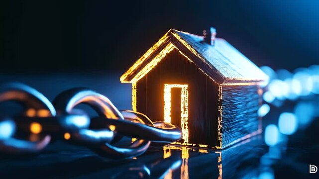 A wooden house enclosed by an abstract, glowing blockchain chain, emphasizing decentralized ownership and tokenized real estate security.