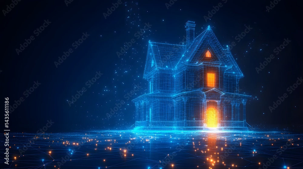 Aufkleber a glowing wireframe house stands out against the dark. orange windows provide a warm contrast. digit