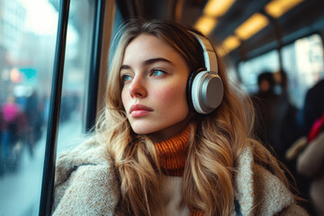 Woman with headphones looking out window.