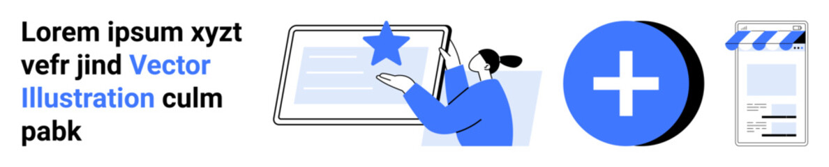 Woman pointing at interactive screen with star badge, circular medical plus icon, and phone app with storefront. Ideal for healthcare, online learning, technology, business, innovation, creativity