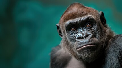 Obraz premium A captivating portrait of a gorilla with a deep, intense gaze, showcasing the powerful presence and emotion conveyed through the eyes of this majestic creature.
