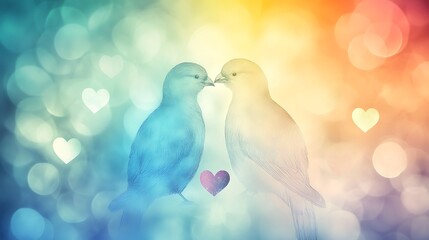 Loving Birds with Hearts, and Bokeh Background.