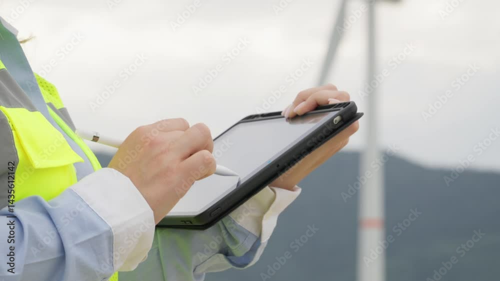 Poster a skilled professional in a highvisibility vest documents critical data on a tablet during a detaile