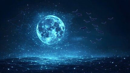 Fototapeta premium Futuristic night scene with a glowing moon, digital web, and bats. Stylized waves create a captivating view. Perfect for Halloween or tech themes. Abstract wireframe in dark blue