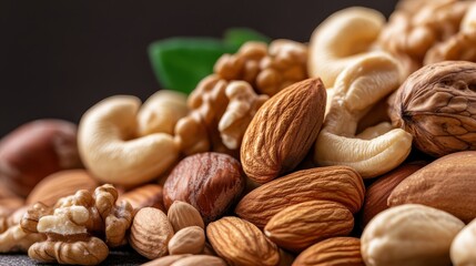 An appealing assortment of nuts with natural green elements, artistically arranged to showcase their organic beauty, perfect for health-focused culinary displays or concepts.