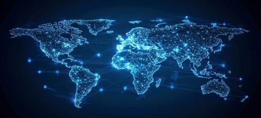 Abstract global network and connectivity concept with a blue world map, data transfer across the Earth, technology background vector illustration design for a banner, poster, or presentation. Vector 