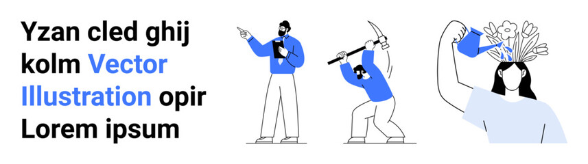 Group of three individuals engaged in teamwork, resource extraction, and creative nourishment. Ideal for teamwork, growth, innovation, self-improvement, collaboration, productivity simple landing