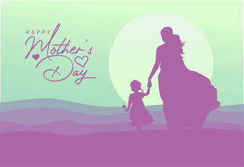 Sweet moment mother's day 2025 background design with mom and daughter walk together in beautiful sunset moment. Soft pastel color background. Mother's day silhouette design. 