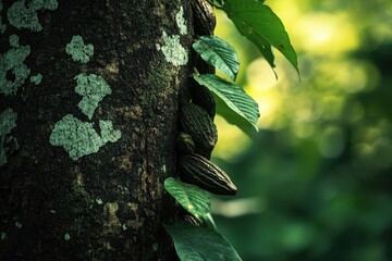 Close-up of Cacao Pods Growing on Tree in Shaded Plantation, Ilheus