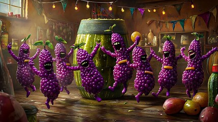 Fototapeta premium Funny grape characters dancing joyfully in festive fruit party with colorful decorations and wooden barrel 