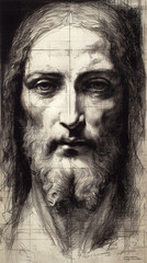 Fototapeta premium Realistic Black Ink Portrait Of Jesus With Technical Grid Elements