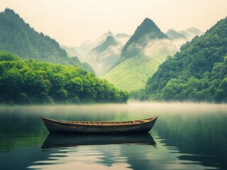 Obraz premium Serene boat floating on still water in misty mountain landscape