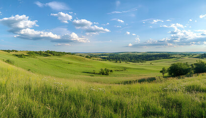 Fototapeta premium Green Land, Blue Sky, Summer Sunny Day Background, Wide View Of Lawn Hill and Blue Sky