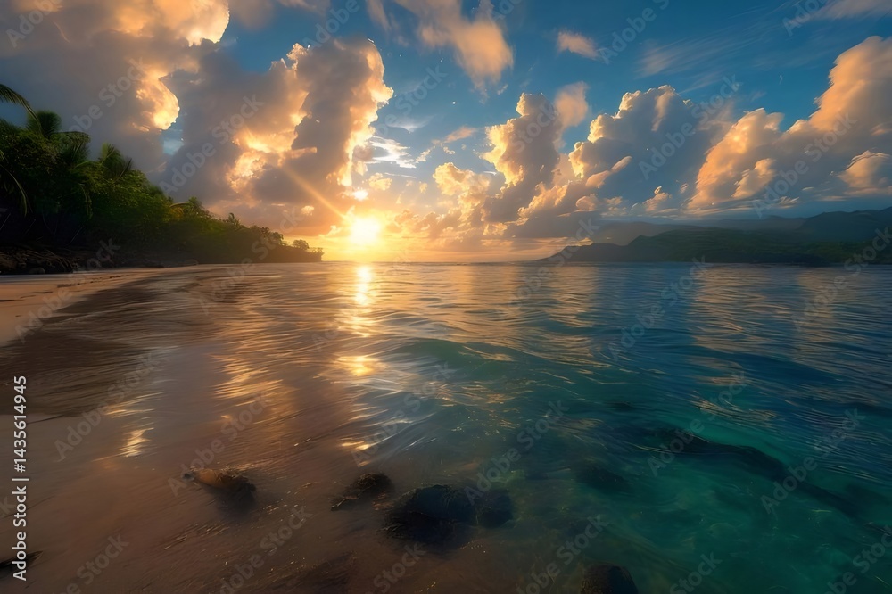 Aufkleber 夕焼け時のビーチと海の風景 太陽の光が輝く空と雲 穏やかな波が寄せる砂浜 自然の美しさ