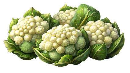 Fototapeta premium Fresh and Healthy Cauliflower Heads with Green Leaves on a transparent Background