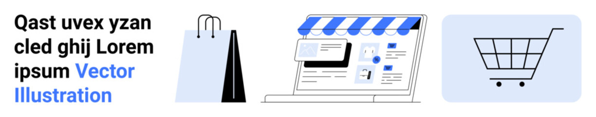 Shopping bag, digital storefront with tabs and product images, and shopping cart. Ideal for e-commerce, retail, shopping, online marketplace, product promotion, consumer journey simple landing page