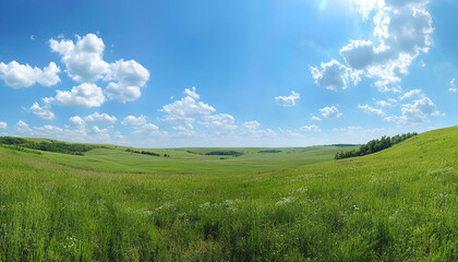 Obraz premium Green Land, Blue Sky, Summer Sunny Day Background, Wide View Of Lawn Hill and Blue Sky