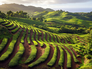 Fototapeta premium Lush green tea plantations on hillside under soft morning light