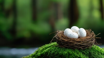 Fototapeta premium A close-up of beautifully speckled eggs lying in a natural nest, surrounded by lush green moss, capturing the essence of nature's wonder and the mystery of new beginnings.