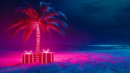Fototapeta premium Tropical beach with neon palm tree and glowing gift boxes under night sky in futuristic holiday scene 