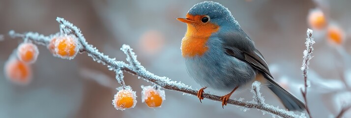 Robin on frosty winter branch.