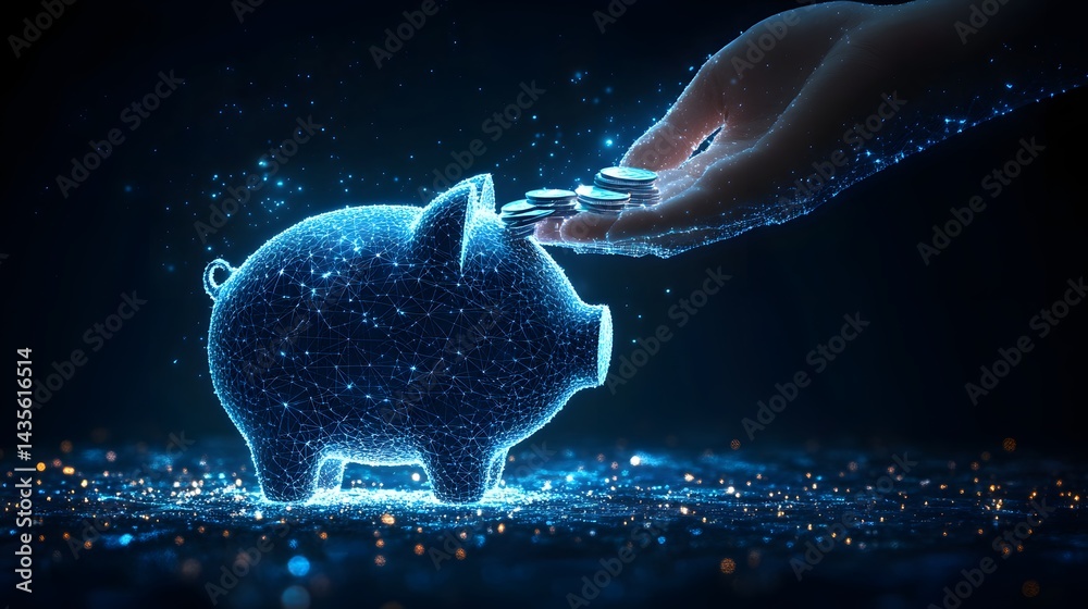 Leinwandbilder digital savings visualized. a futuristic, networked piggy bank receives coins from a hand made of li