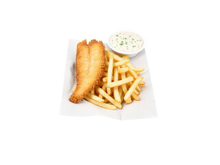 Crispy battered Fish and Chips with golden fries, accompanied by tartar sauce, rich golden tones with