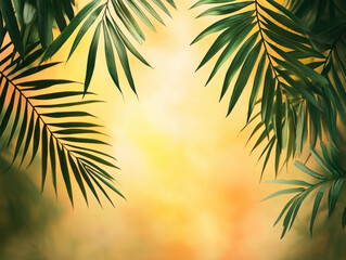 Lush green palm leaves framing a warm sunset background