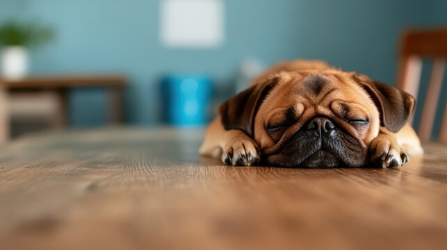 A sleeping pug resting peacefully on a rustic wooden table captures a warm and cozy moment, conveying feelings of relaxation, comfort, and affection in a homely setting. - Powered by Adobe