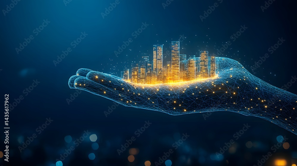 Poster a captivating digital art piece showcasing a blue, luminous hand cradling a golden city. bokeh light