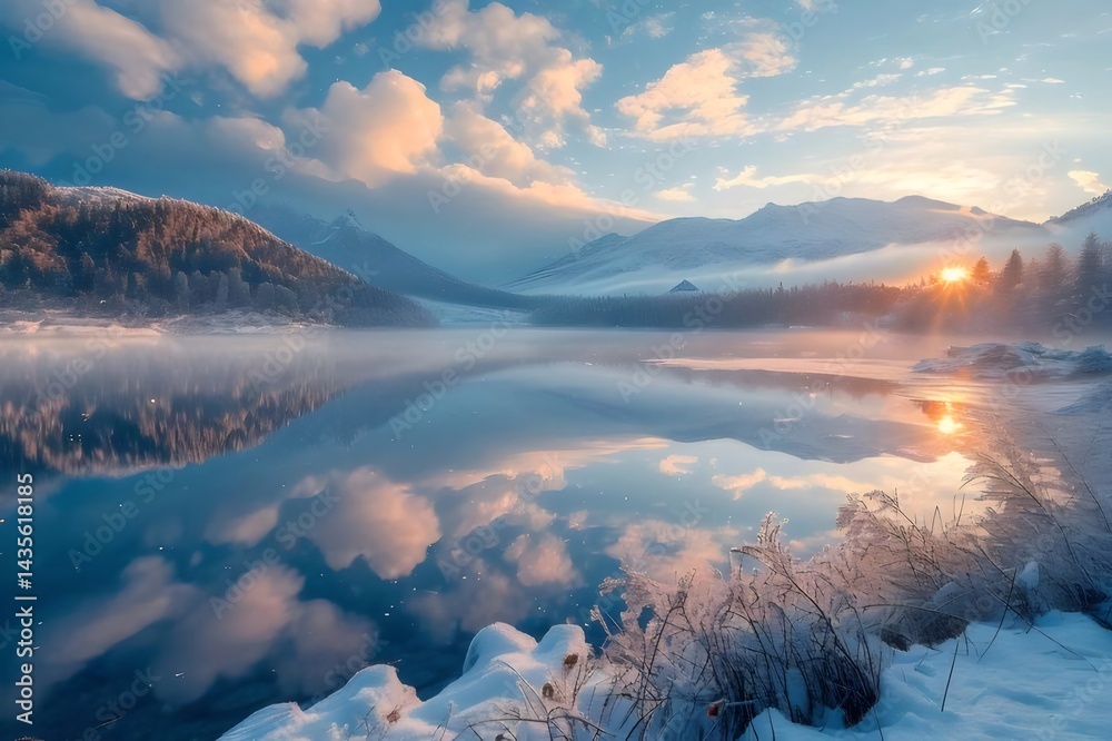 Aufkleber 冬の湖と雪山 夕焼けの空に映える光と水面の反射による幻想的な風景
