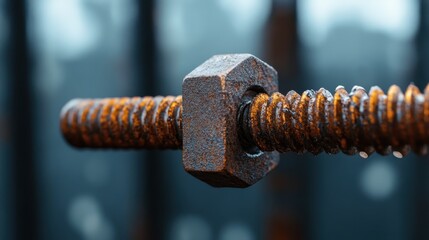 A detailed macro shot of a rusted bolt and nut on a steel surface, emphasizing the wear and age of industrial components, highlighting the themes of durability and time passage.