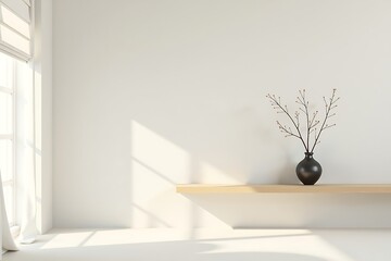 Modern Minimalist Interior: Black Vase with Bare Branches on Light Wood Shelf in Sunlight - Mockup                                                    