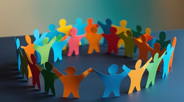 Colorful paper cutout figures holding hands in a circle, symbolizing unity, teamwork, diversity, and collaboration, ideal for community, partnership, and social connection concepts
