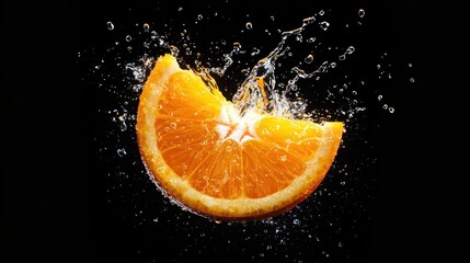 A vibrant orange slice splashes through water, showcasing its juicy texture against a stark black background. This image captures a lively moment of freshness and vitality.