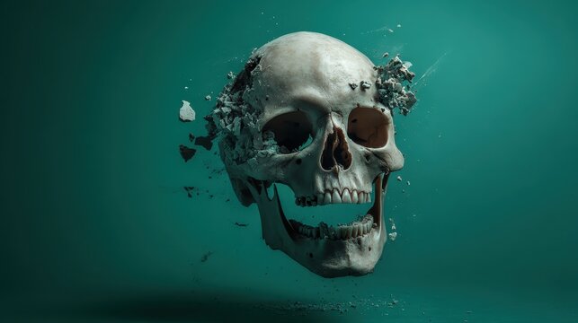 A dramatic image of a skull exploding into fragments captures the essence of chaos, destruction, and transformation, evoking a strong emotional response in viewers.