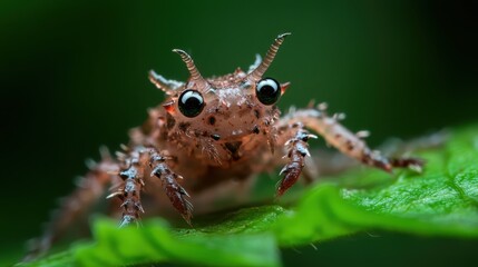 Fototapeta premium This macro image showcases a unique bug with striking horns and big eyes, revealing the intricate details of nature's fascinating creatures through an artistic lens.