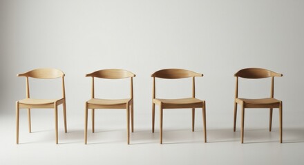 Four minimalist wooden chairs on white background