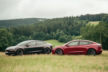 Two electric cars on a grassy hill